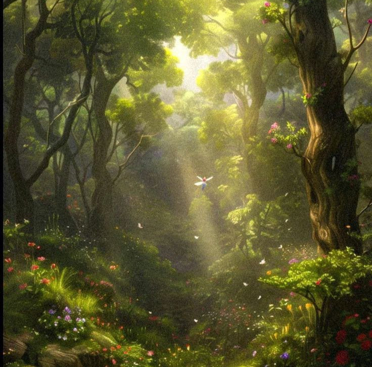 Mystical forest scene with sunlight filtering through trees and colorful flowers.